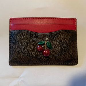 Coach Card Case in Signature Canvas wth Red Leather and Enamel Cherries Accent